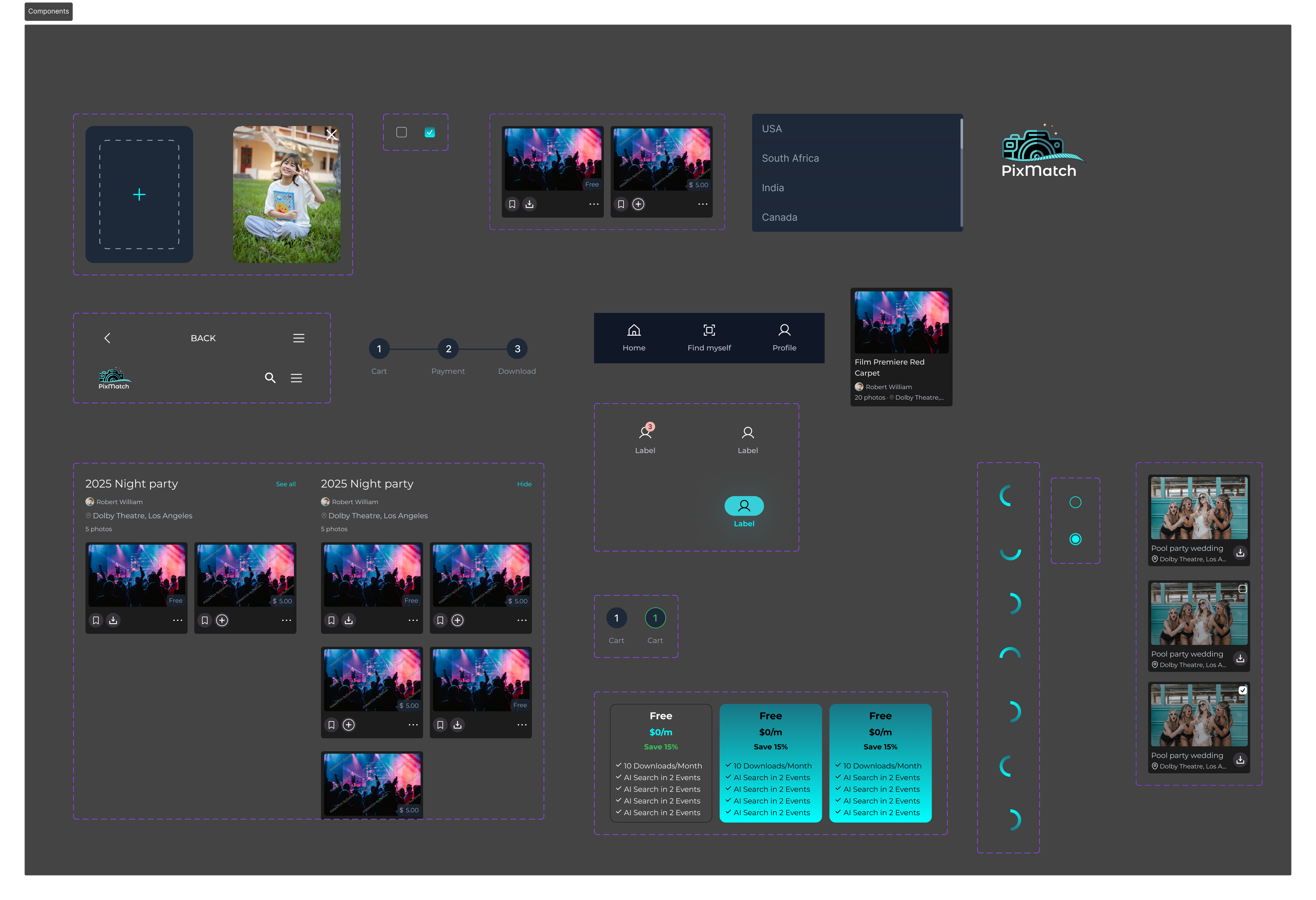PixMatch component library — buttons, cards, navigation, plan tiers, photo tiles