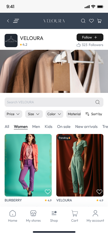Veloura store page with filters